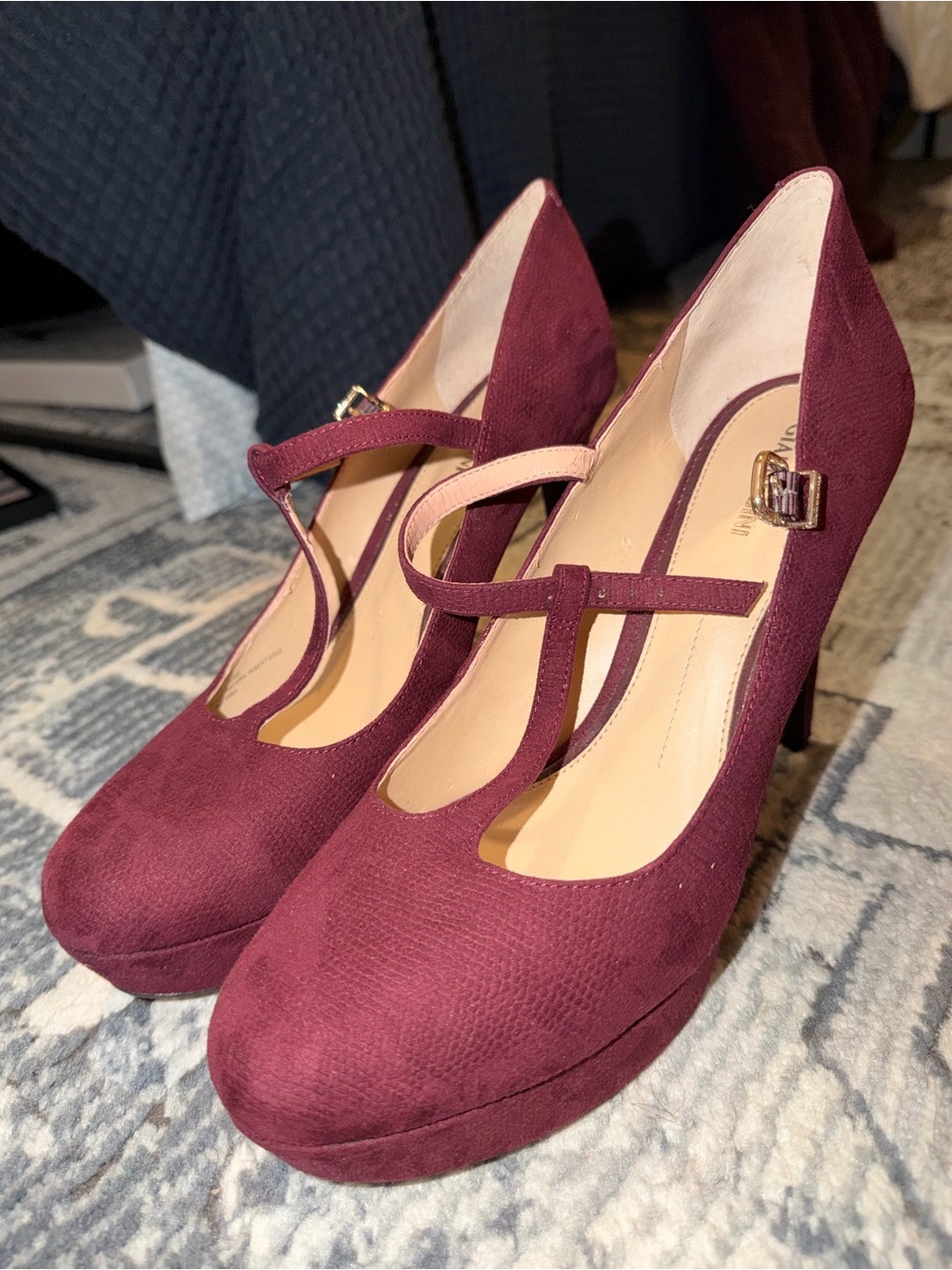 Gianni Bini Burgundy Cross-Strap Mary Jane Heels - Picture 2 of 7